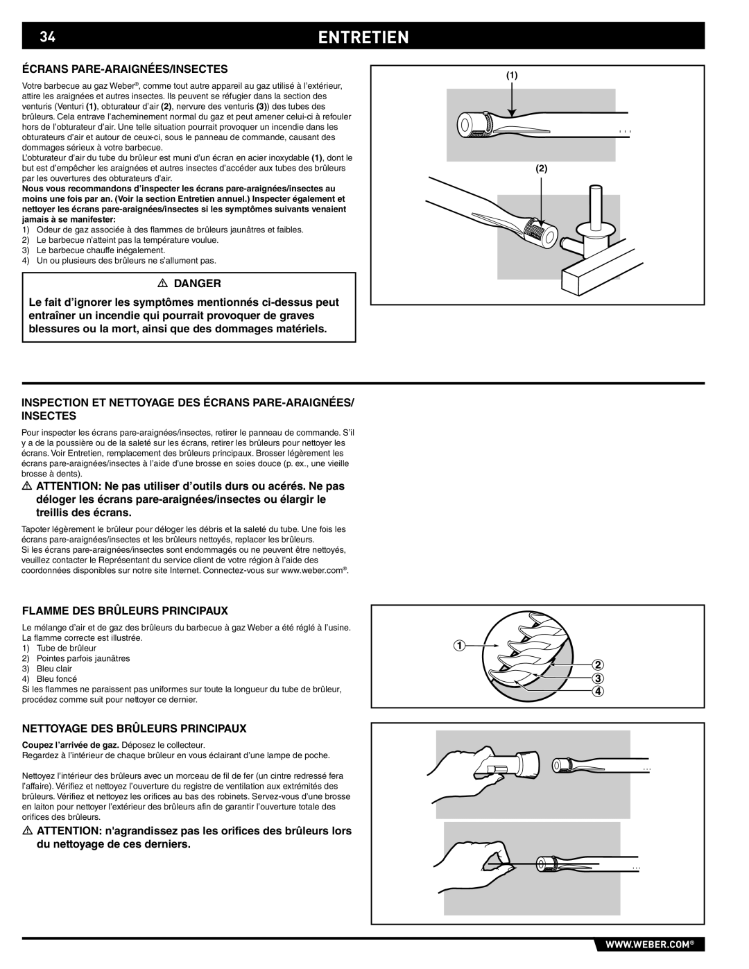 Weber 89527 manual 34ENTRETIEN, Écrans PARE-ARAIGNÉES/INSECTES, Inspection ET Nettoyage DES Écrans PARE-ARAIGNÉES/ Insectes 