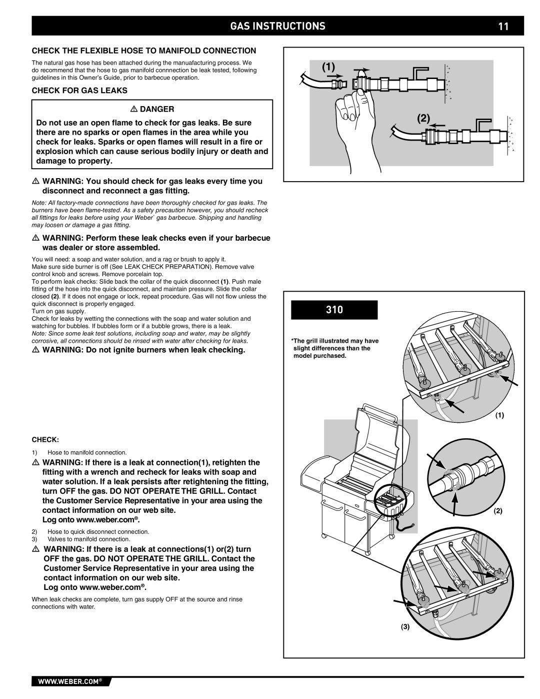 Weber 89557 manual Check the Flexible Hose to Manifold Connection, Check for GAS Leaks 