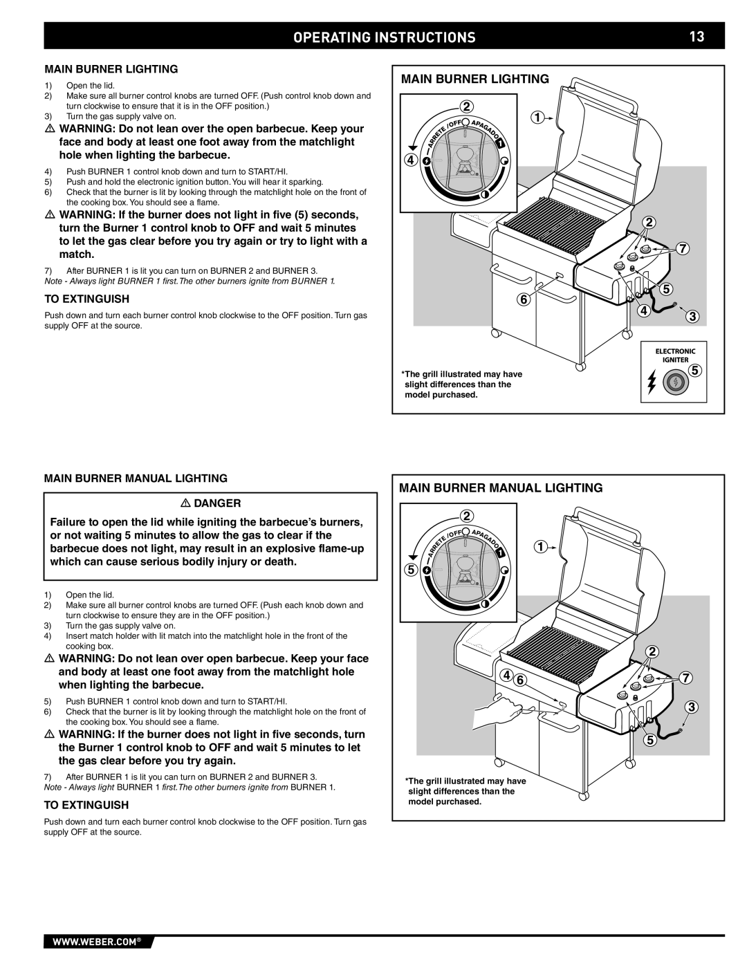 Weber 89557 manual Main Burner Lighting, To Extinguish, Main Burner Manual Lighting 