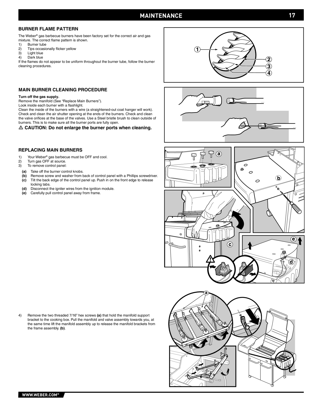 Weber 89557 manual MAINTENANCE17, Burner Flame Pattern, Main Burner Cleaning Procedure, Replacing Main Burners 