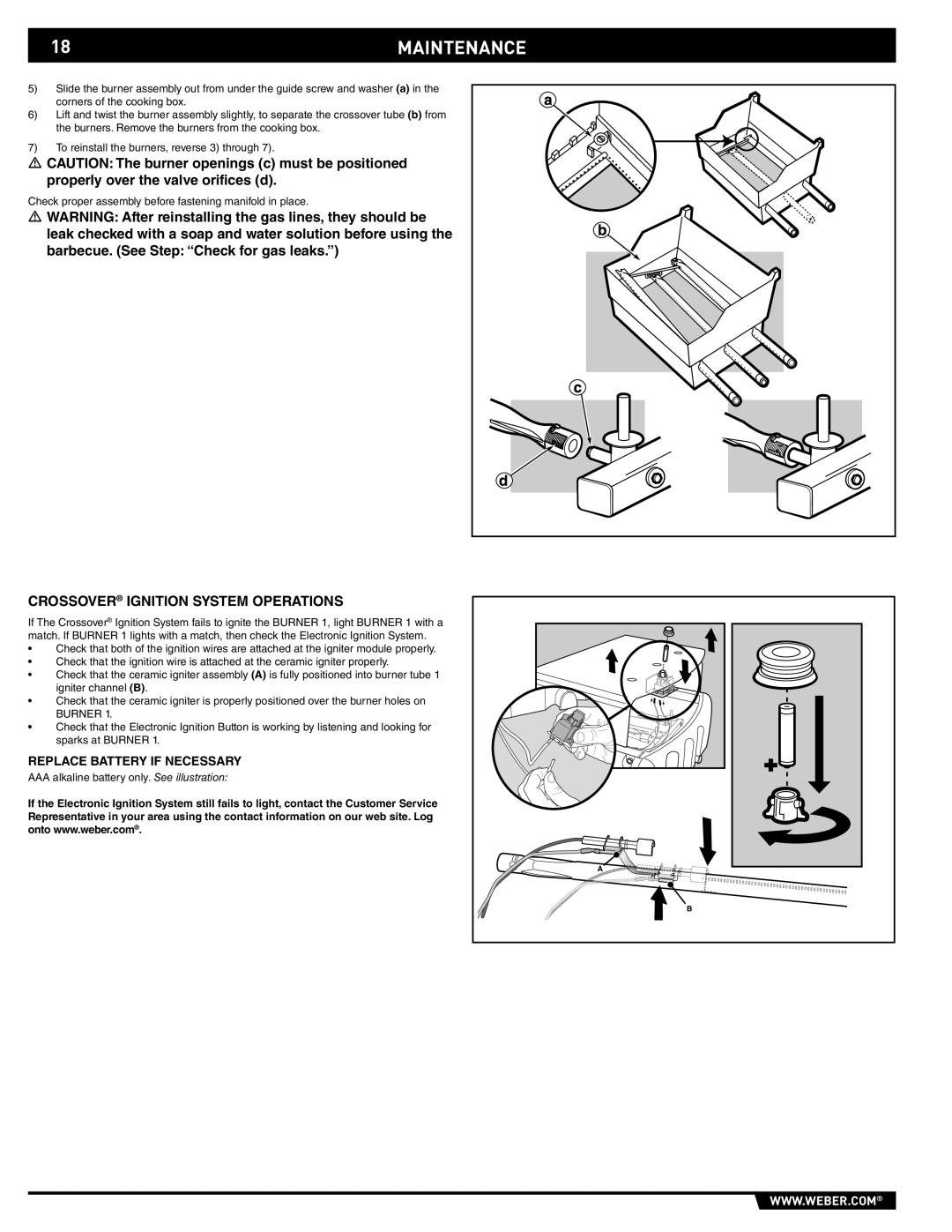 Weber 89557 manual 18MAINTENANCE, Crossover Ignition System Operations, Replace Battery if Necessary 