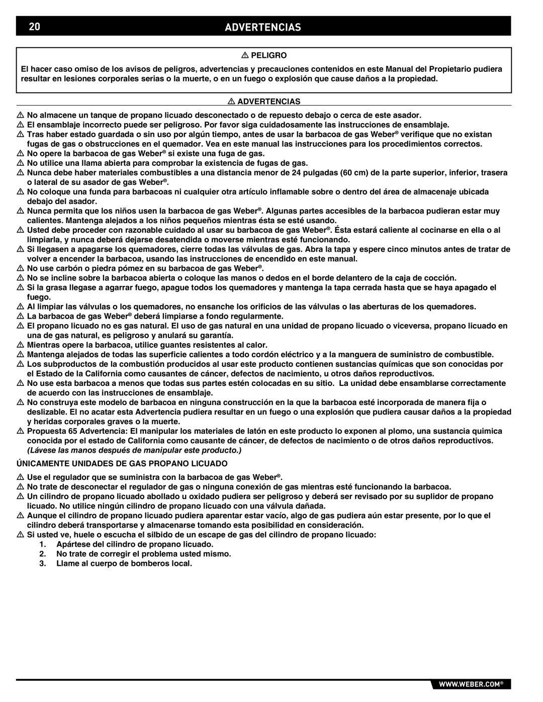 Weber 89557 manual 20ADVERTENCIAS, Peligro, Advertencias, Únicamente Unidades DE GAS Propano Licuado 