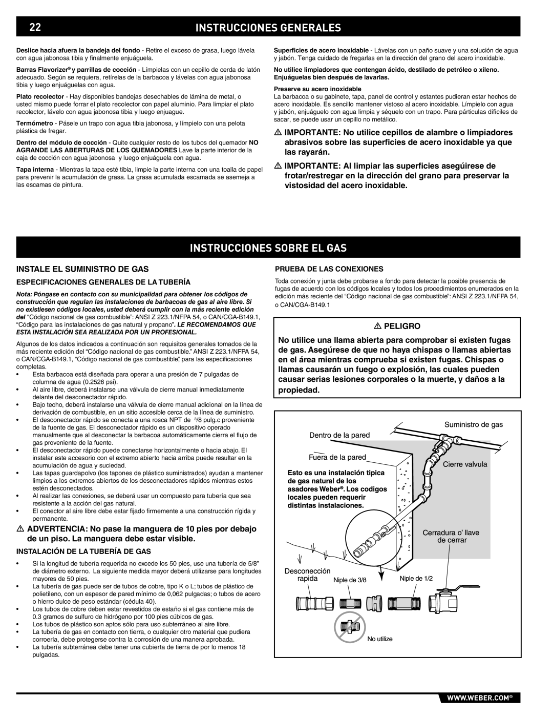 Weber 89557 manual Instrucciones Sobre EL GAS, Instale EL Suministro DE GAS, Especificaciones Generales DE LA Tubería 