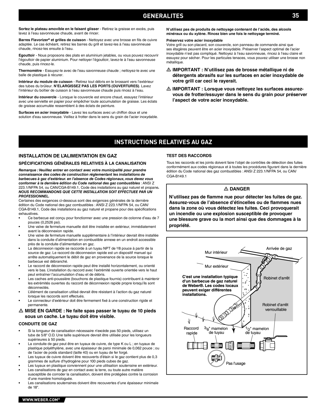 Weber 89557 manual GENERALITES35, Instructions Relatives AU GAZ, Installation DE L’ALIMENTATION EN GAZ 