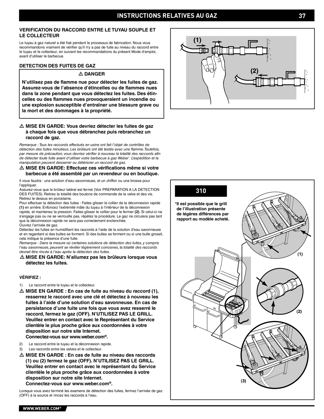 Weber 89557 manual Detection DES Fuites DE GAZ, Vérifiez 