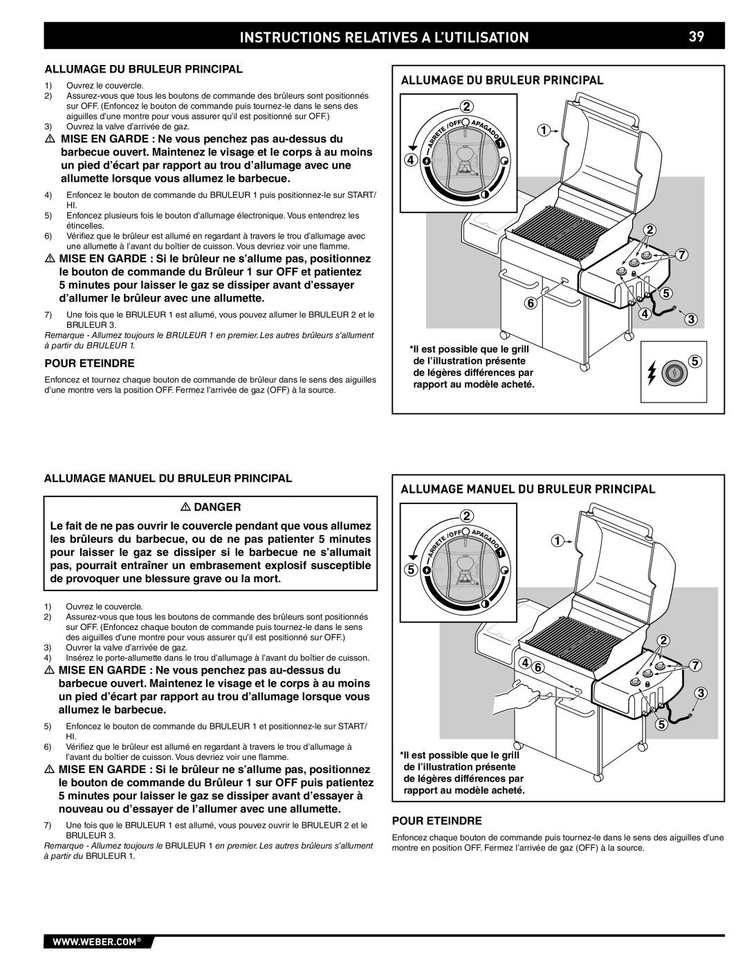 Weber 89557 manual Allumage DU Bruleur Principal, Pour Eteindre, Allumage Manuel DU Bruleur Principal 