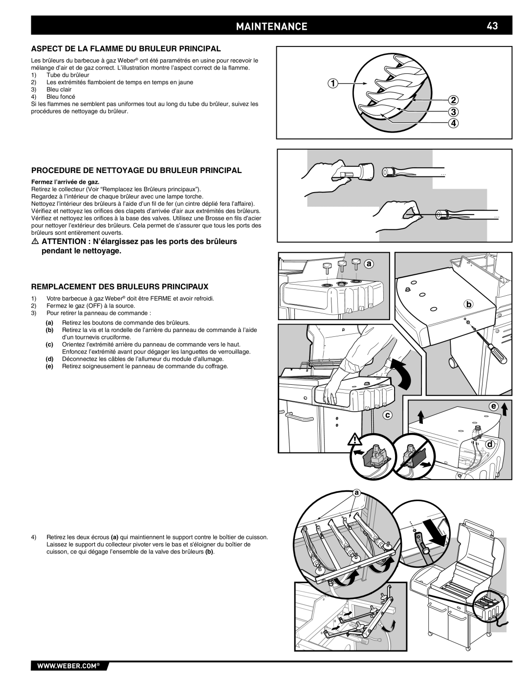 Weber 89557 manual MAINTENANCE43, Aspect DE LA Flamme DU Bruleur Principal, Procedure DE Nettoyage DU Bruleur Principal 