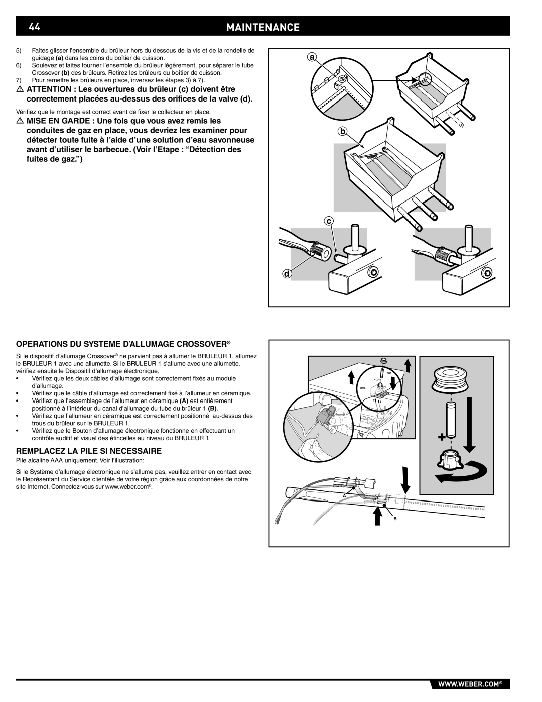 Weber 89557 manual 44MAINTENANCE, Operations DU Systeme D’ALLUMAGE Crossover, Remplacez LA Pile SI Necessaire 