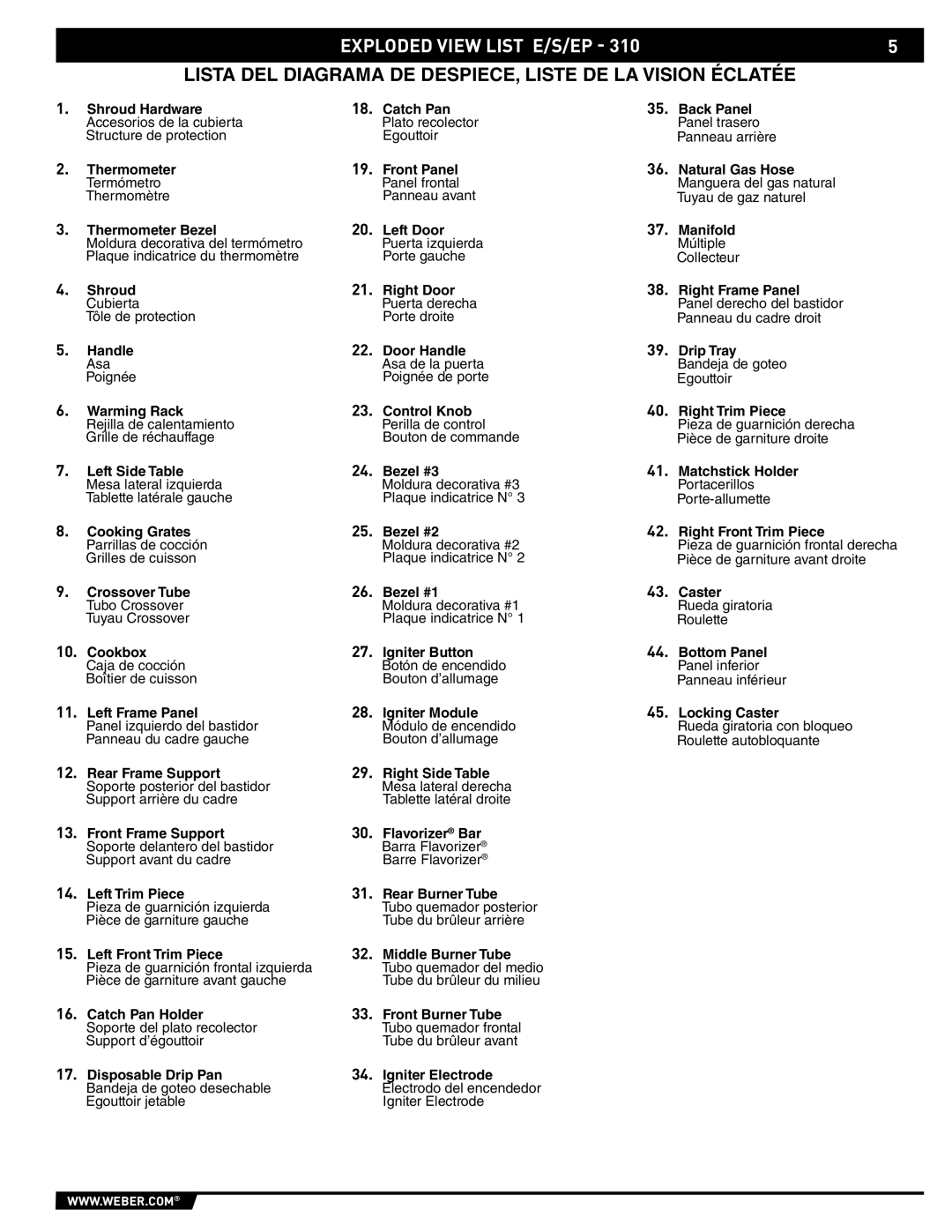 Weber 89557 manual Exploded View List E/S/EP, Lista DEL Diagrama DE DESPIECE, Liste DE LA Vision Éclatée 