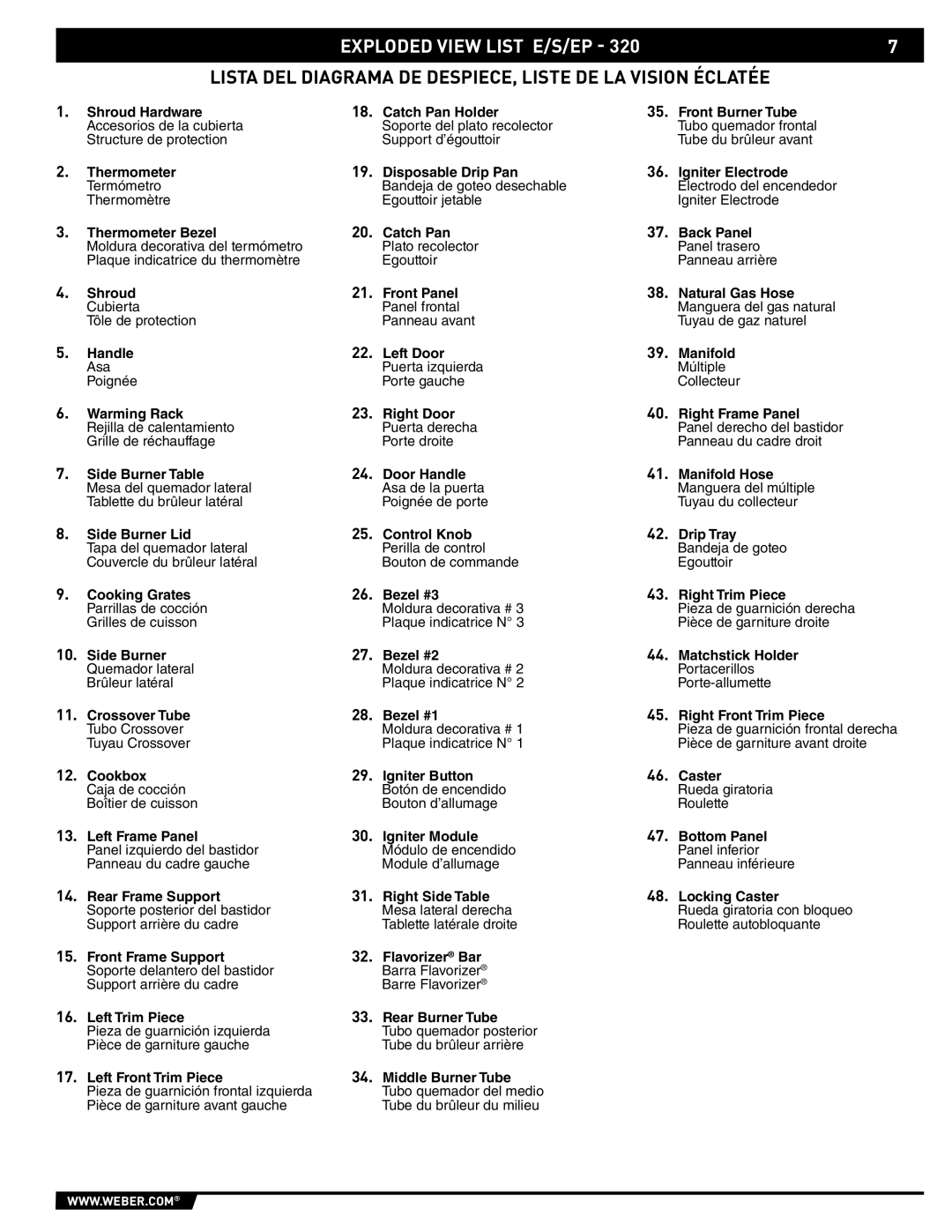 Weber 89557 manual Lista DEL Diagrama DE DESPIECE, Liste DE LA Vision Éclatée 