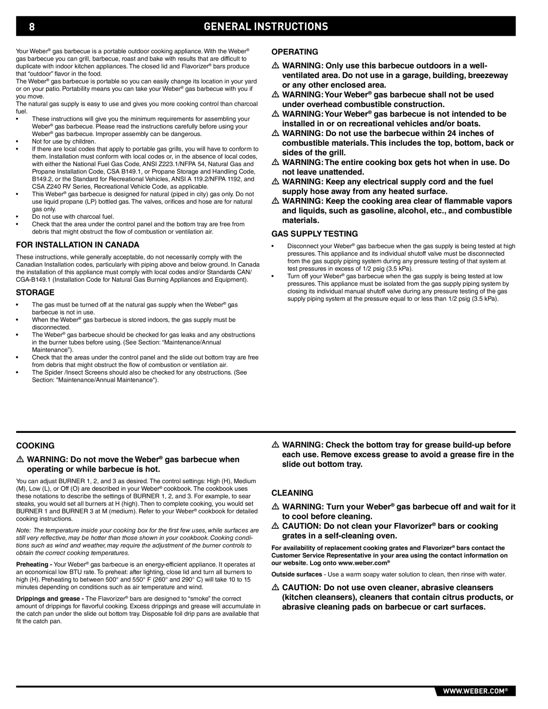 Weber 89557 manual General Instructions 