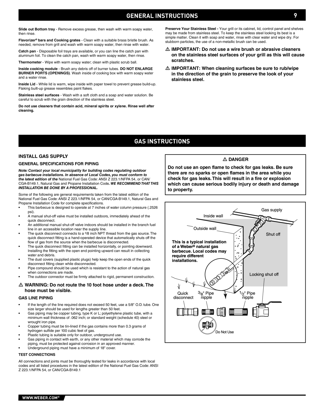 Weber 89557 manual GAS Instructions, Install GAS Supply, General Specifications for Piping, GAS Line Piping 