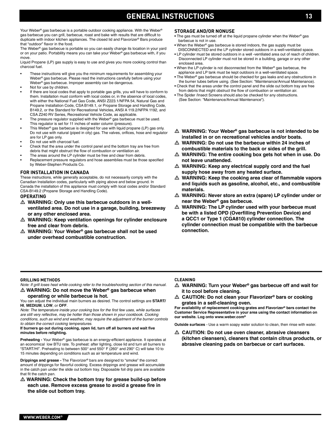 Weber 89559 General Instructions, For Installation in Canada, Operating Storage AND/OR Nonuse, Grilling Methods, Cleaning 