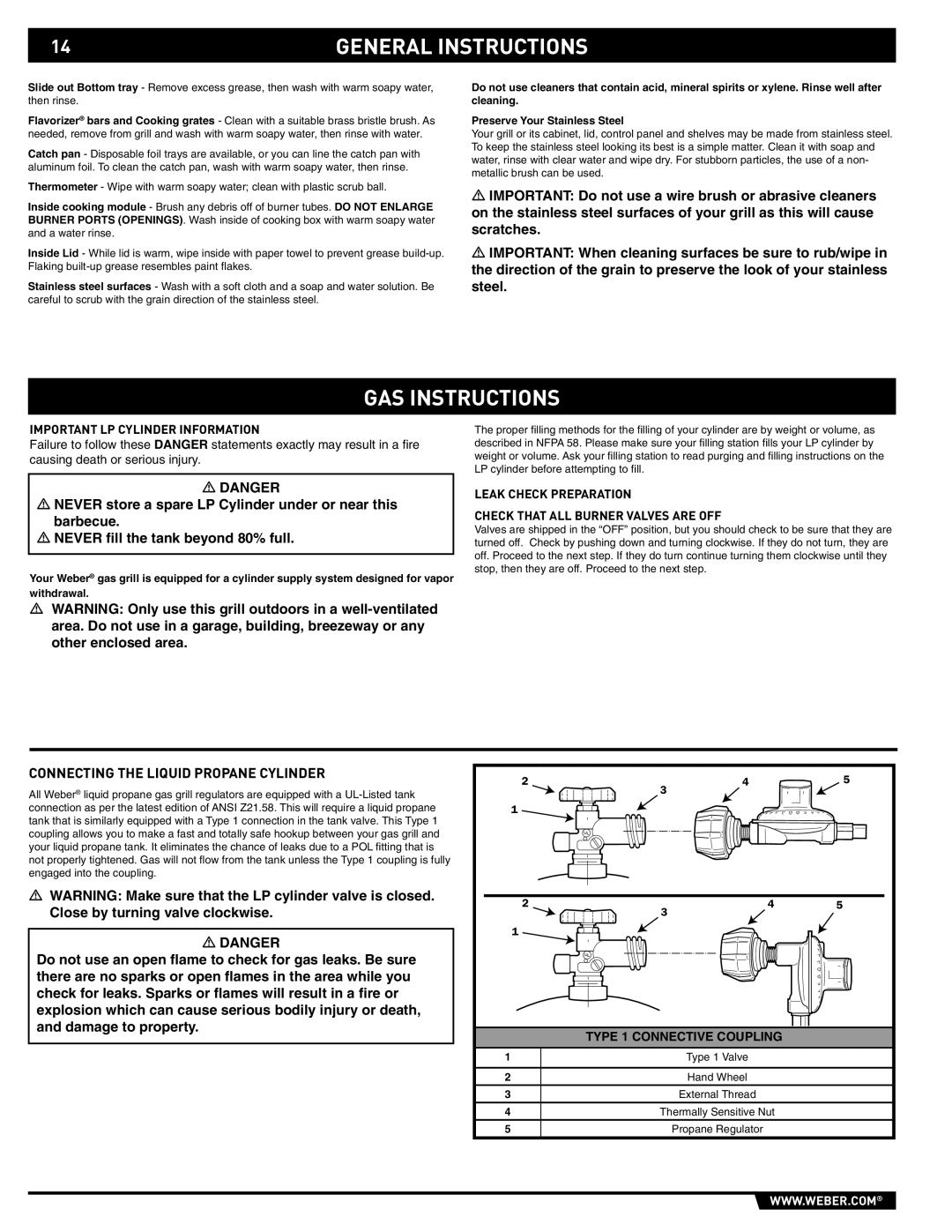 Weber 89559 manual GAS Instructions, Connecting the Liquid Propane Cylinder, Important LP Cylinder Information 