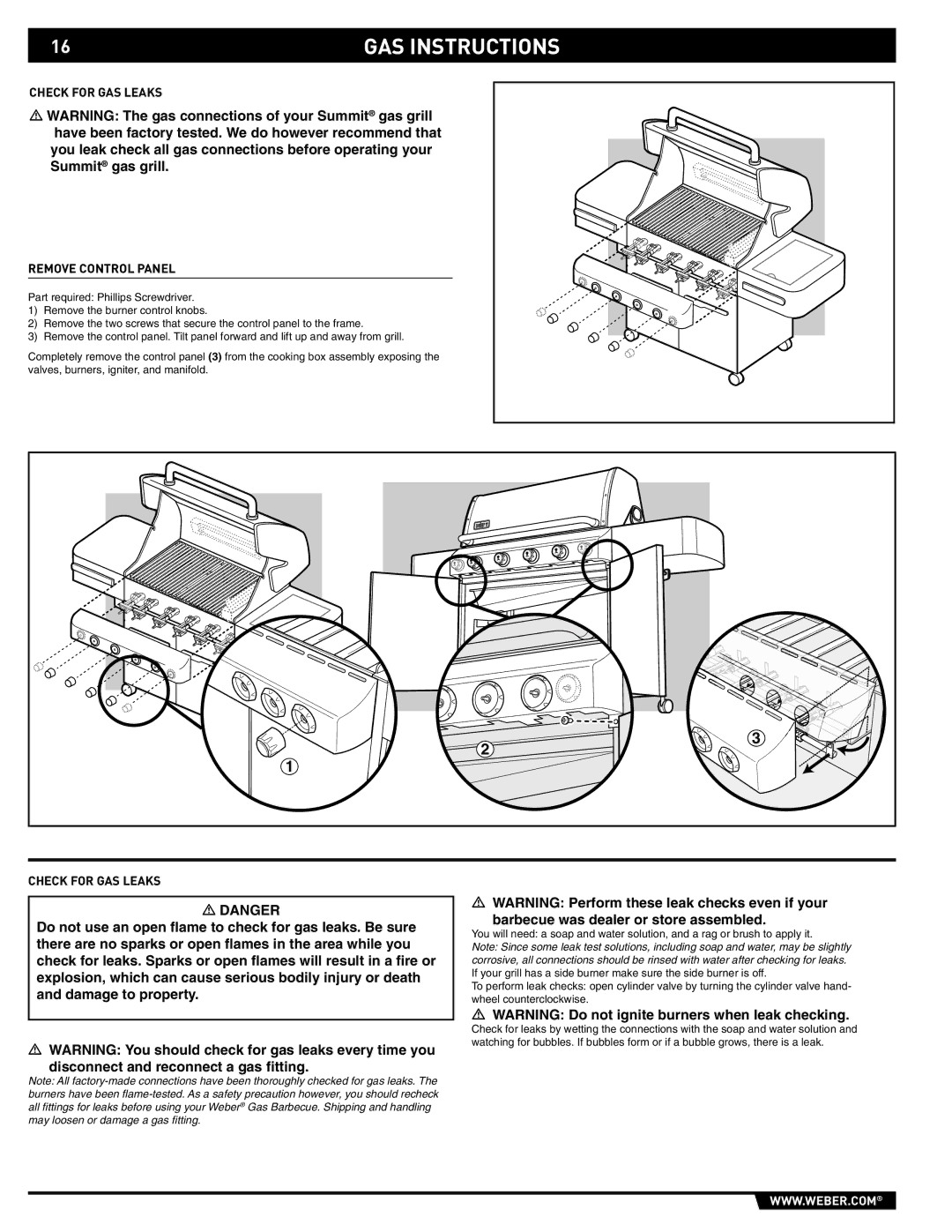 Weber 89559 manual Check for GAS Leaks Remove Control Panel 