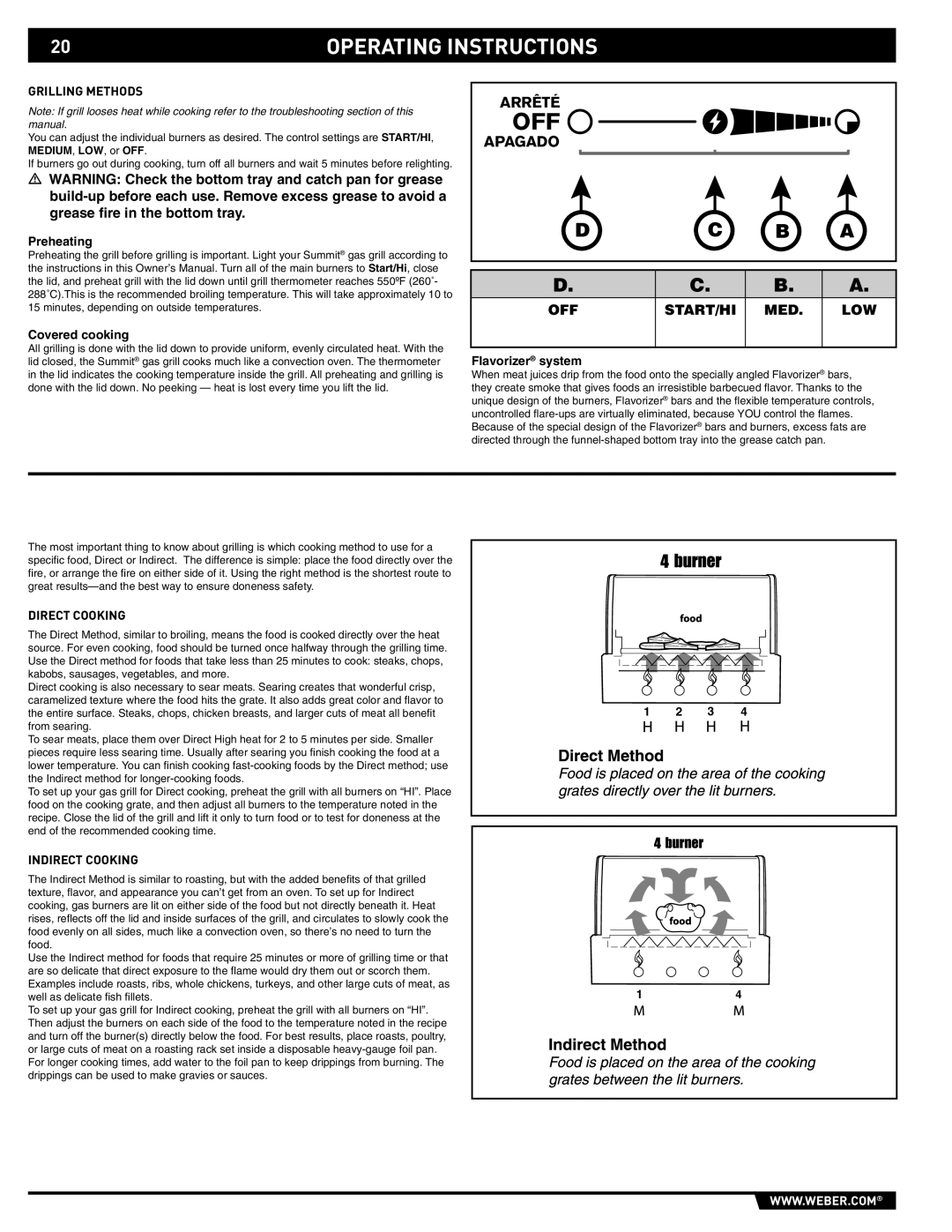 Weber 89559 manual Operating Instructions, Preheating Covered cooking, Flavorizer system, Direct Cooking, Indirect Cooking 