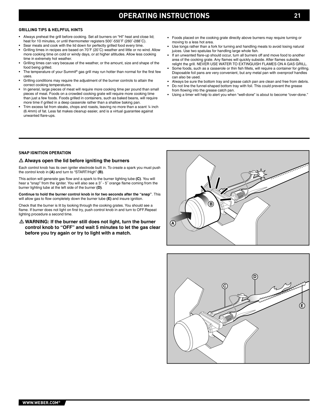 Weber 89559 manual Grilling Tips & Helpful Hints, Snap Ignition Operation 