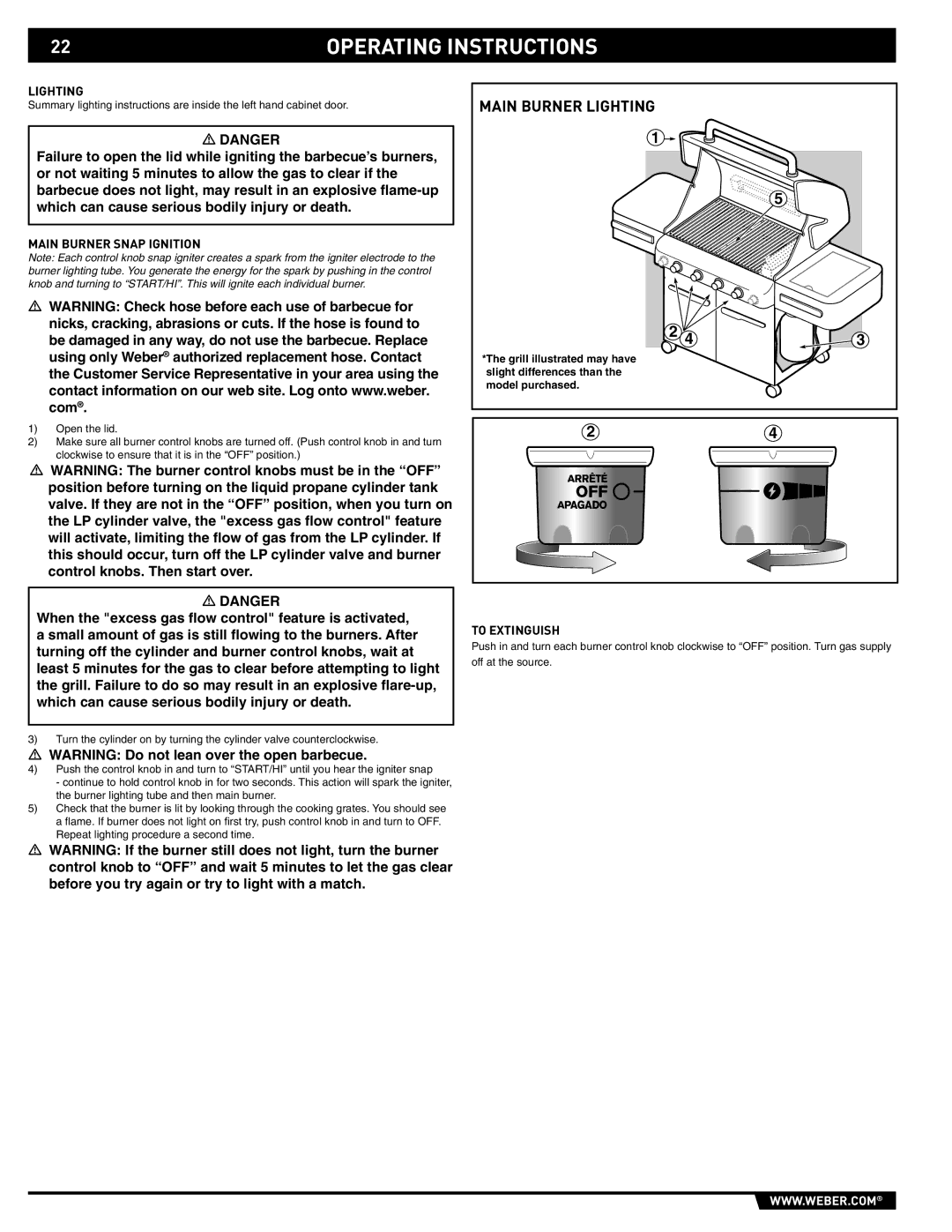 Weber 89559 manual Lighting, Main Burner Snap Ignition, To Extinguish 