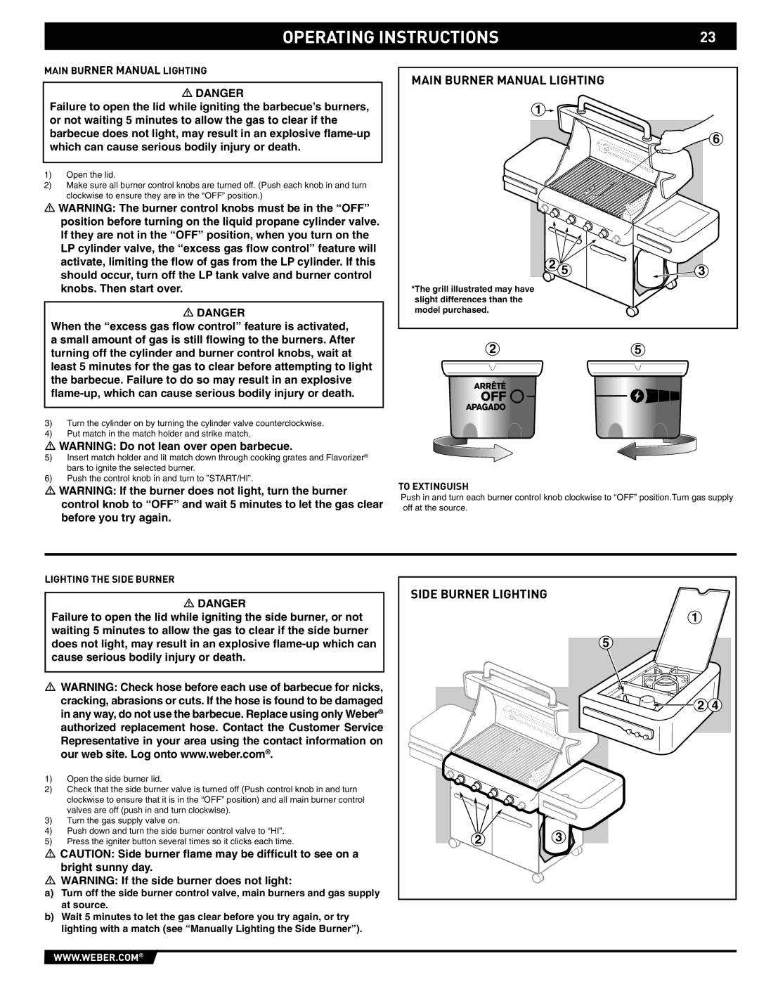 Weber 89559 manual Main Burner Manual Lighting, Lighting the Side Burner 