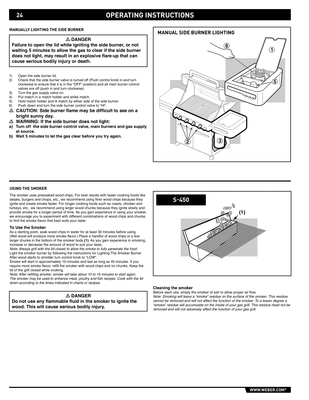 Weber 89559 manual Manual Side Burner Lighting, Manually Lighting the Side Burner, Using the Smoker, To Use the Smoker 