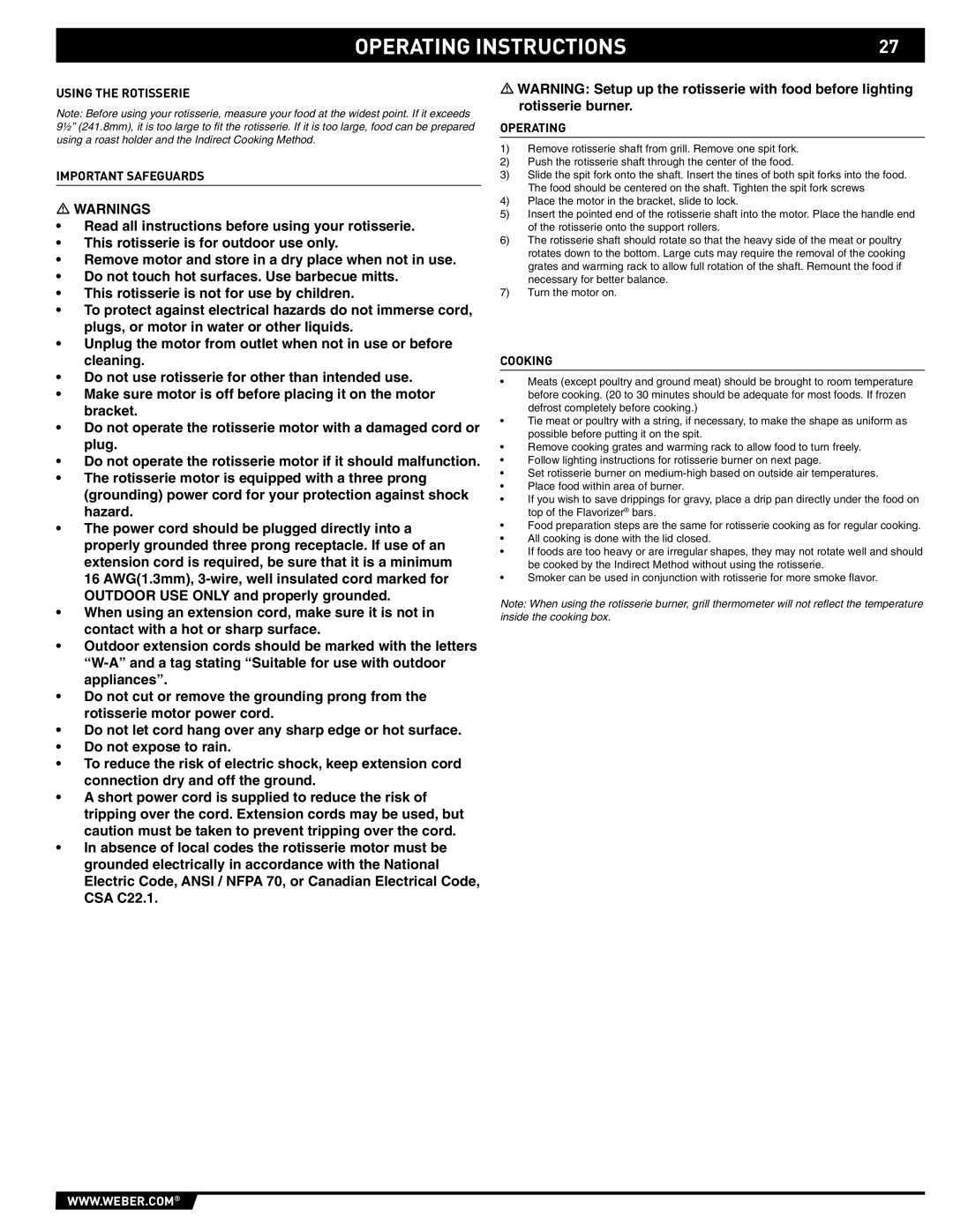 Weber 89559 manual Using the Rotisserie Important Safeguards, Operating, Cooking 