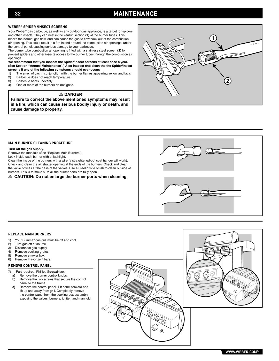 Weber 89559 manual 32MAINTENANCE, Weber Spider /INSECT Screens, Main Burner Cleaning Procedure, Replace Main Burners 