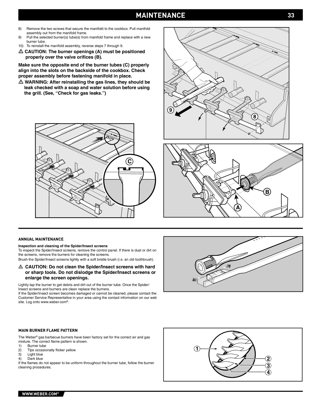 Weber 89559 manual MAINTENANCE33, Main Burner Flame Pattern, Inspection and cleaning of the Spider/Insect screens 