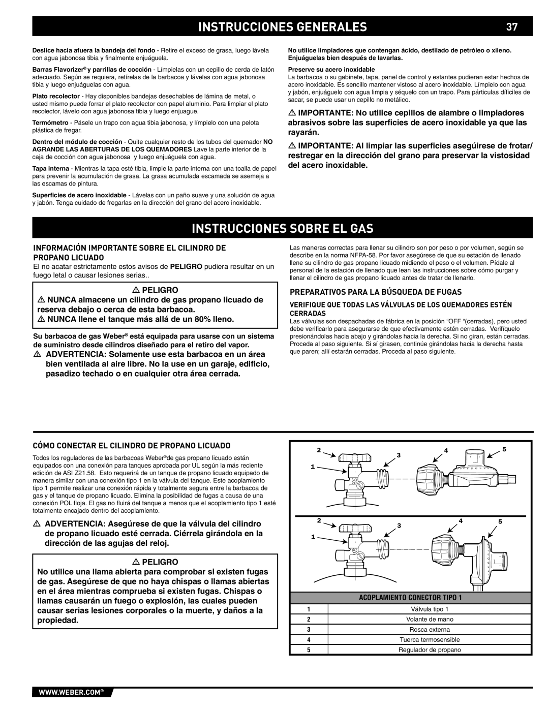 Weber 89559 manual Instrucciones Sobre EL GAS, Información Importante Sobre EL Cilindro DE Propano Licuado 