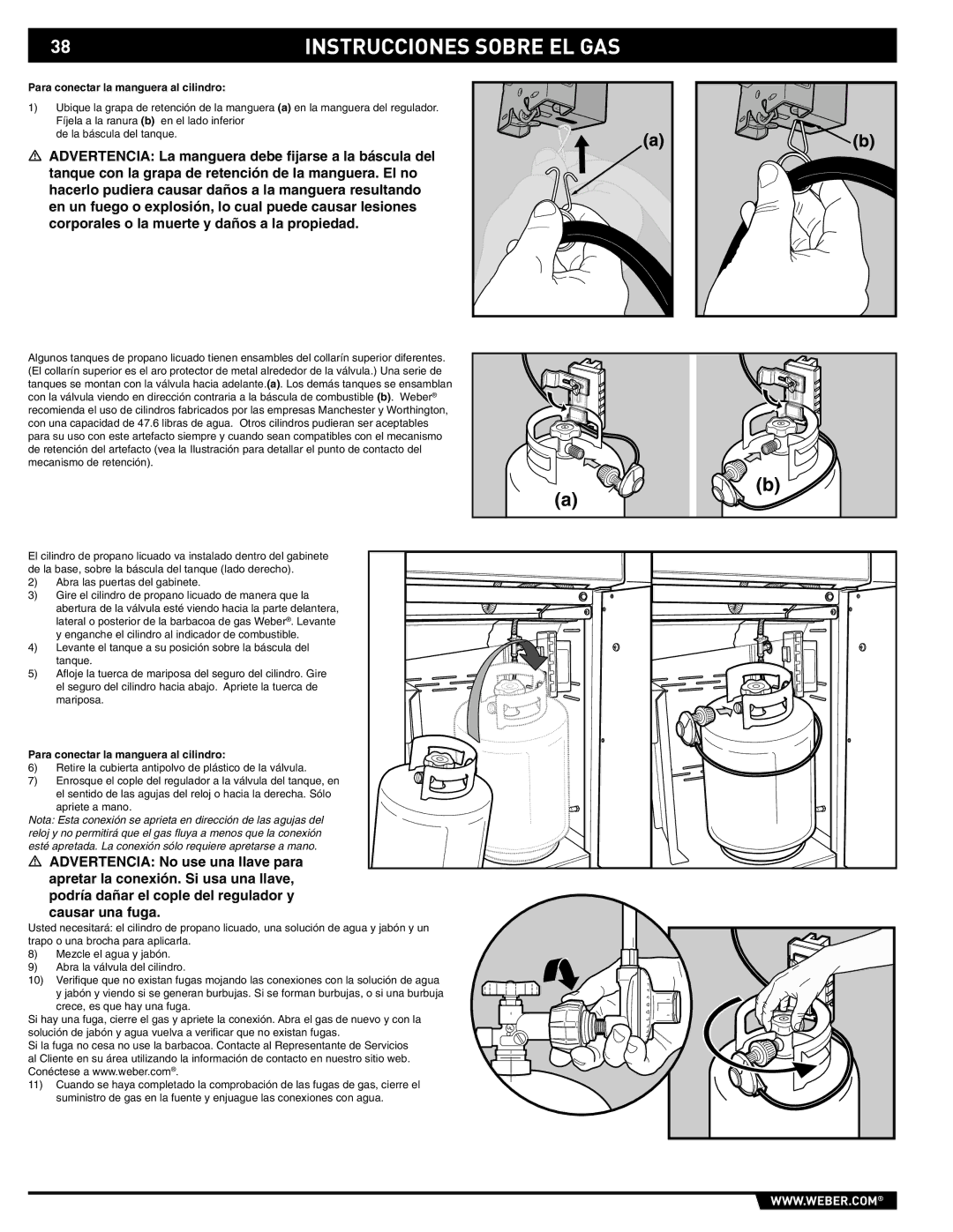 Weber 89559 manual Instrucciones Sobre EL GAS, Para conectar la manguera al cilindro 