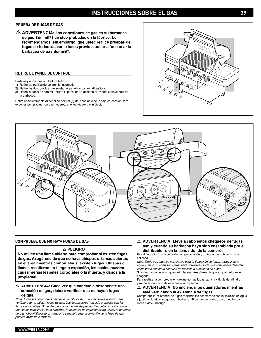 Weber 89559 manual Prueba DE Fugas DE GAS, Retire EL Panel DE Control, Compruebe QUE no Haya Fugas DE GAS 