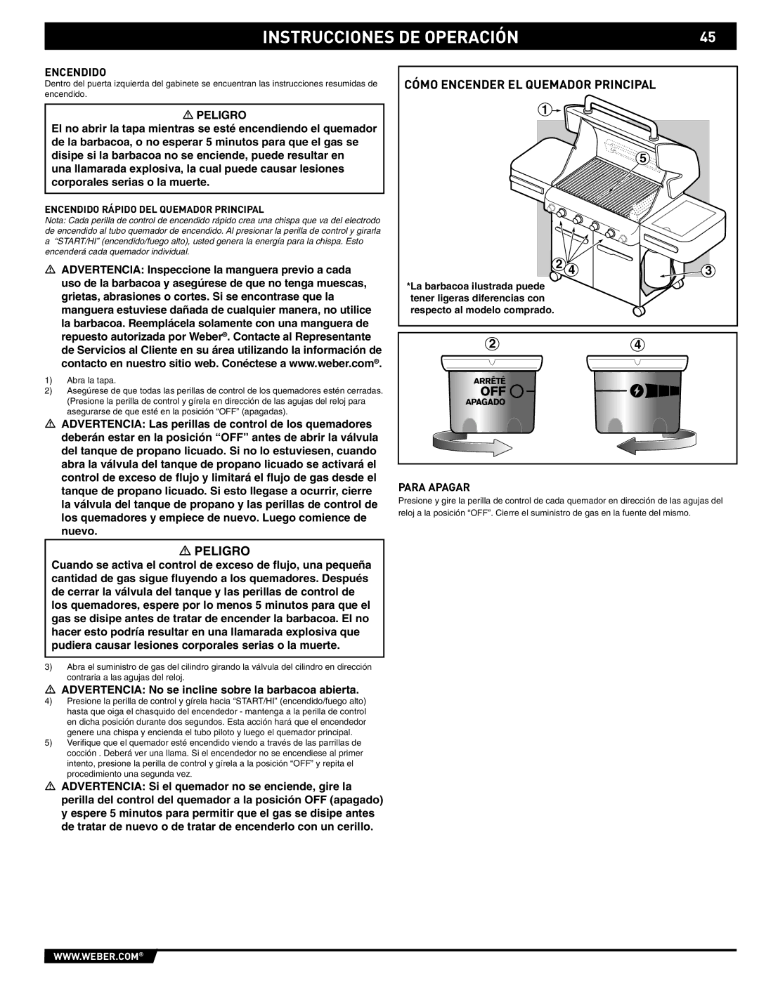 Weber 89559 manual Para Apagar, Encendido Rápido DEL Quemador Principal 