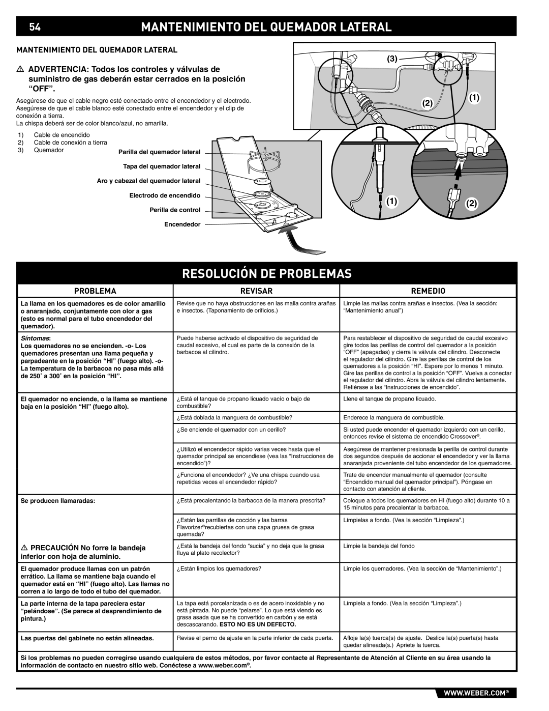 Weber 89559 manual Mantenimiento DEL Quemador Lateral, Resolución DE Problemas, Precaución No forre la bandeja 