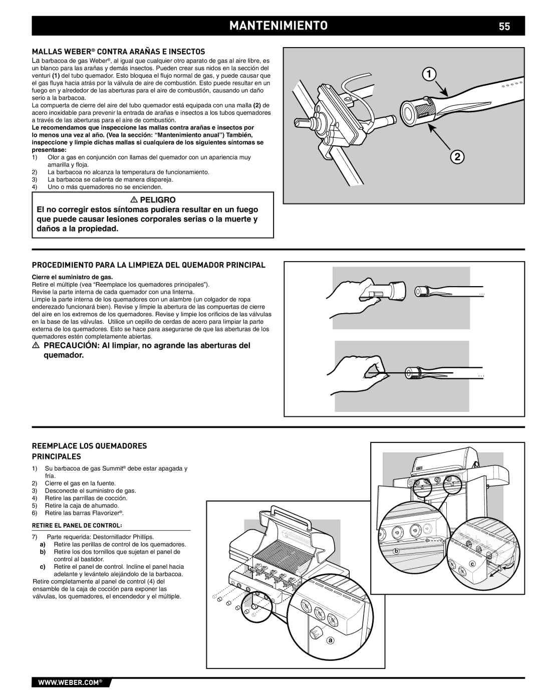 Weber 89559 Mantenimiento, Mallas Weber Contra Arañas E Insectos, Procedimiento Para LA Limpieza DEL Quemador Principal 