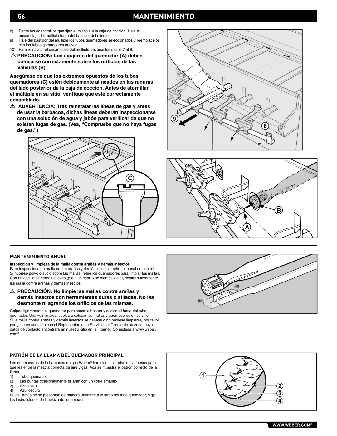 Weber 89559 manual 56MANTENIMIENTO, Mantenimiento Anual, Patrón DE LA Llama DEL Quemador Principal 