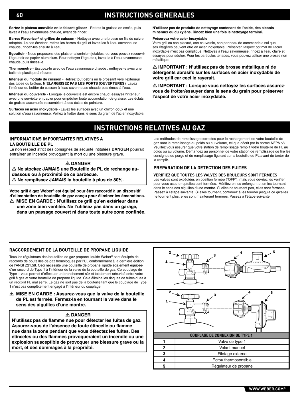 Weber 89559 manual Instructions Relatives AU GAZ, Informations IMP0ORTANTES Relatives a LA Bouteille DE PL 