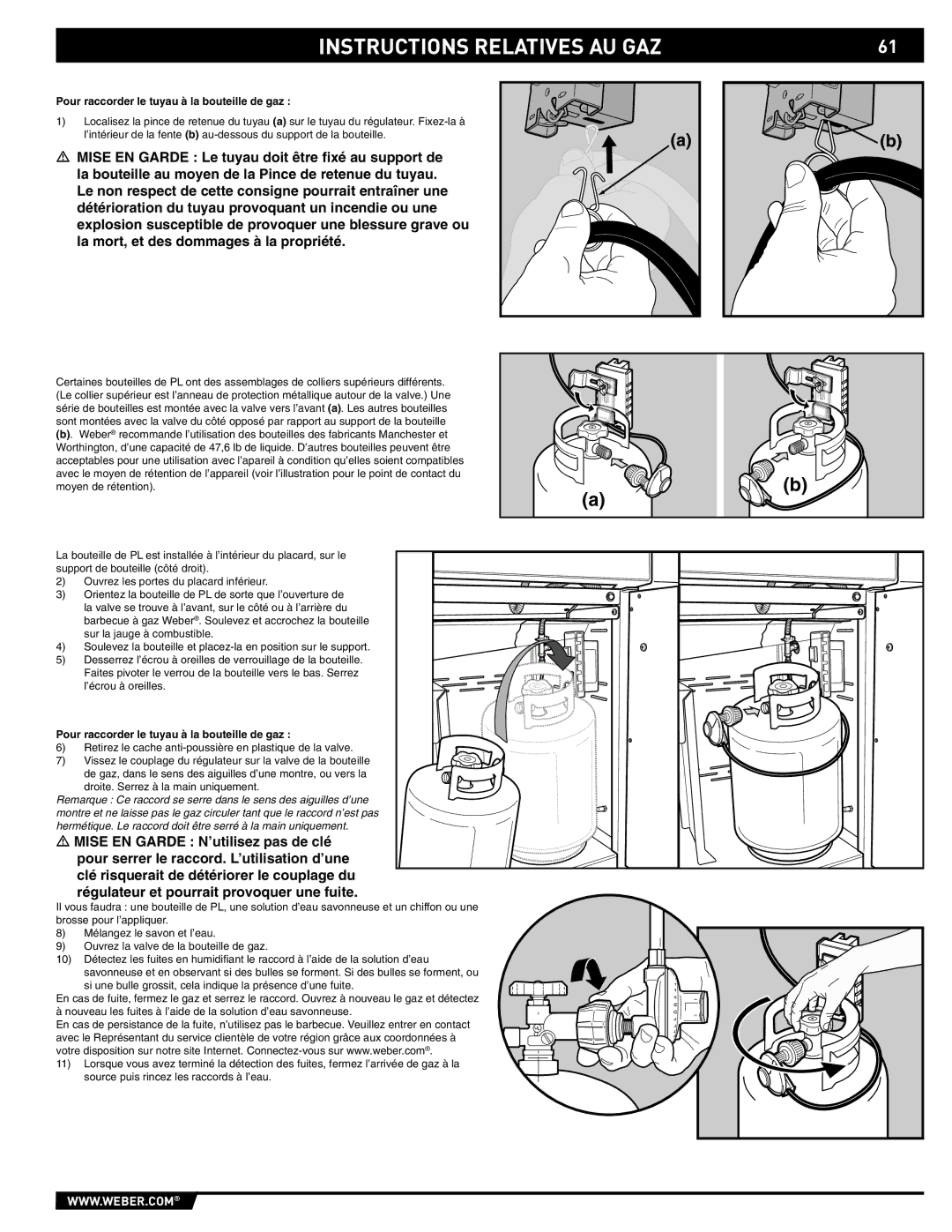 Weber 89559 manual Pour raccorder le tuyau à la bouteille de gaz 