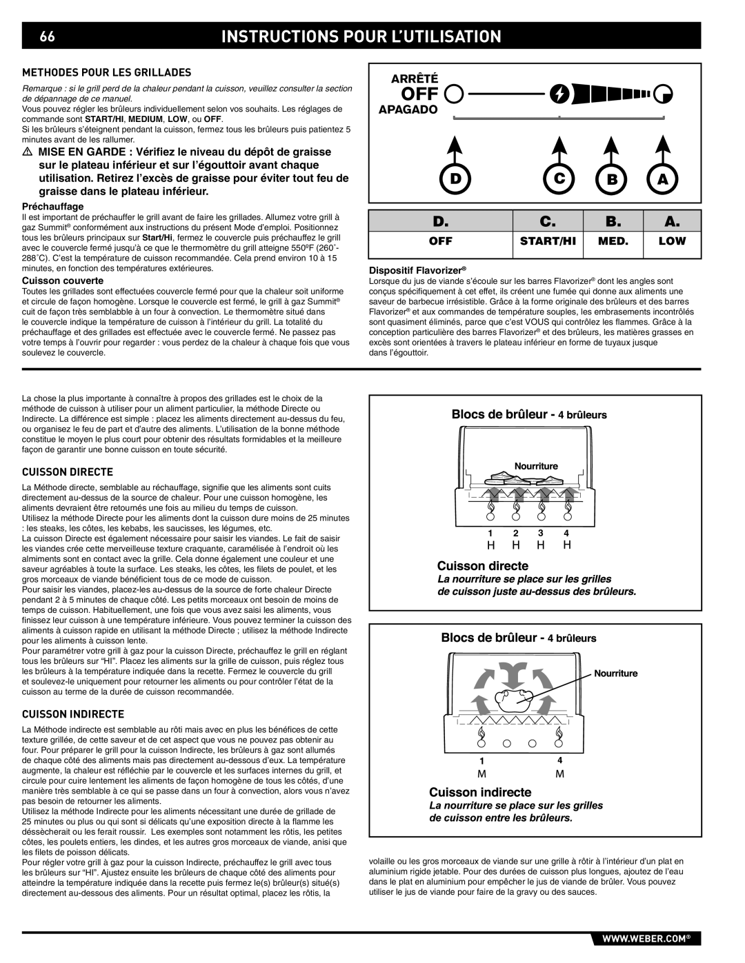 Weber 89559 manual Instructions Pour L’UTILISATION, Cuisson Directe, Cuisson Indirecte 