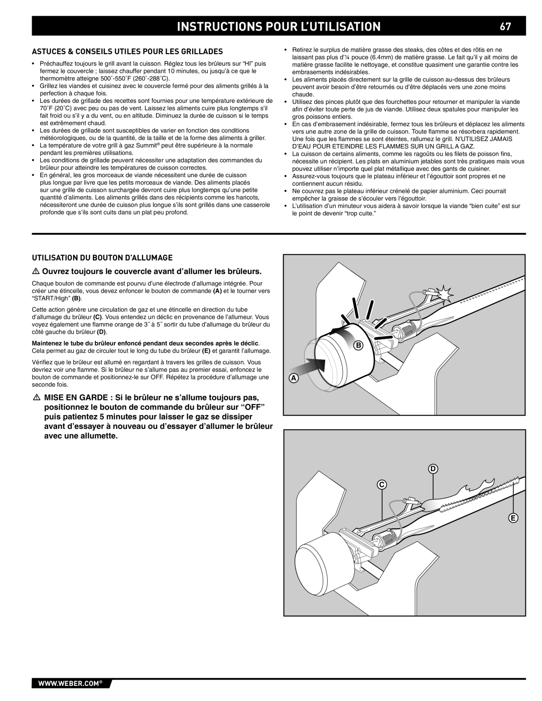 Weber 89559 manual Astuces & Conseils Utiles Pour LES Grillades, Utilisation DU Bouton D’ALLUMAGE 