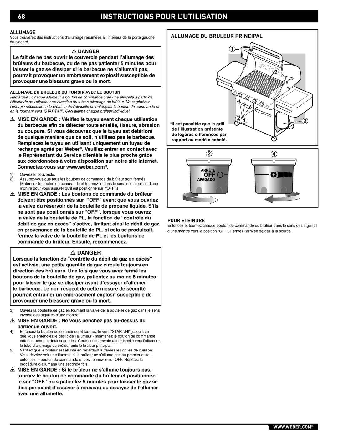 Weber 89559 manual Pour Eteindre, Allumage DU Bruleur DU Fumoir Avec LE Bouton 