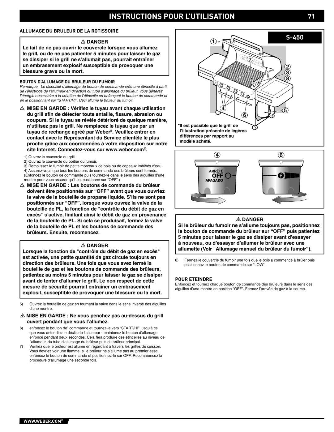 Weber 89559 manual Allumage DU Bruleur DE LA Rotissoire, Bouton D’ALLUMAGE DU Bruleur DU Fumoir 