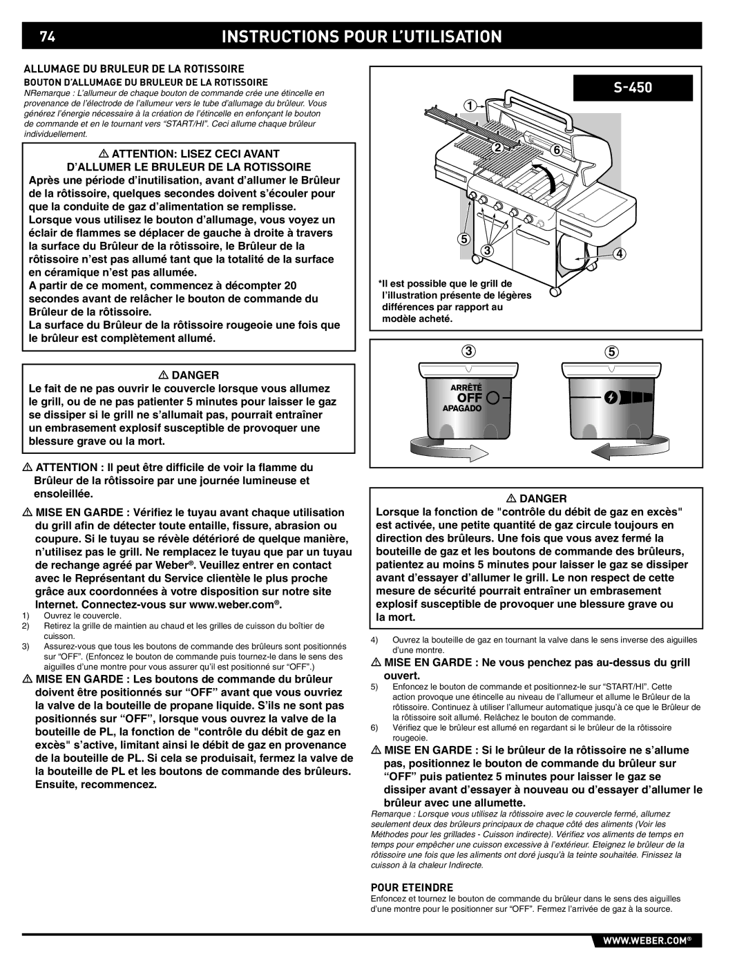 Weber 89559 Mise EN Garde Ne vous penchez pas au-dessus du grill ouvert, Bouton D’ALLUMAGE DU Bruleur DE LA Rotissoire 