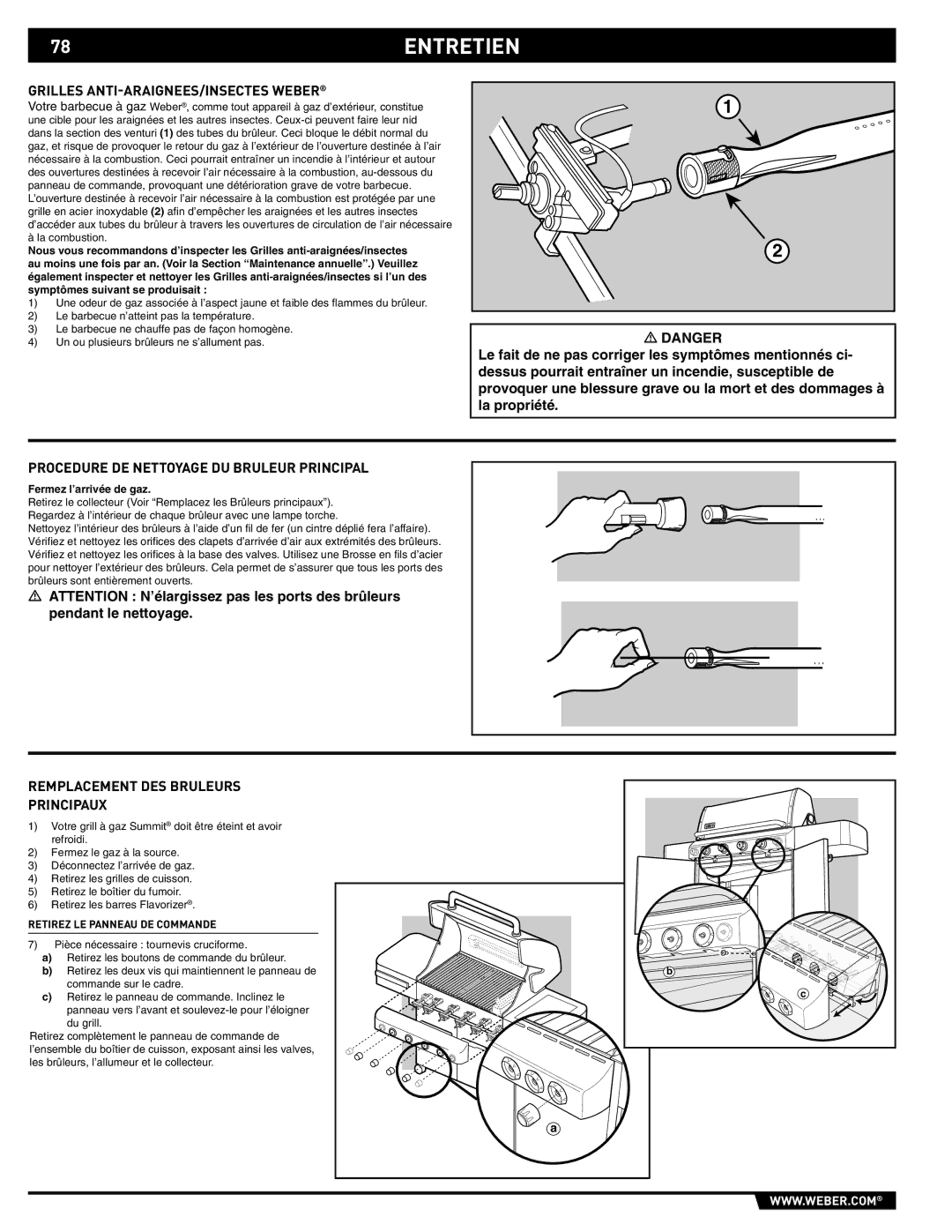 Weber 89559 manual 78ENTRETIEN, Grilles ANTI-ARAIGNEES/INSECTES Weber, Procedure DE Nettoyage DU Bruleur Principal 