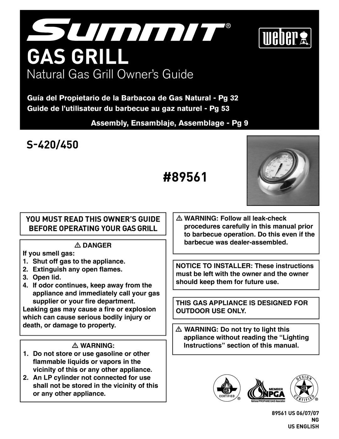 Weber 89561 manual GAS Grill 