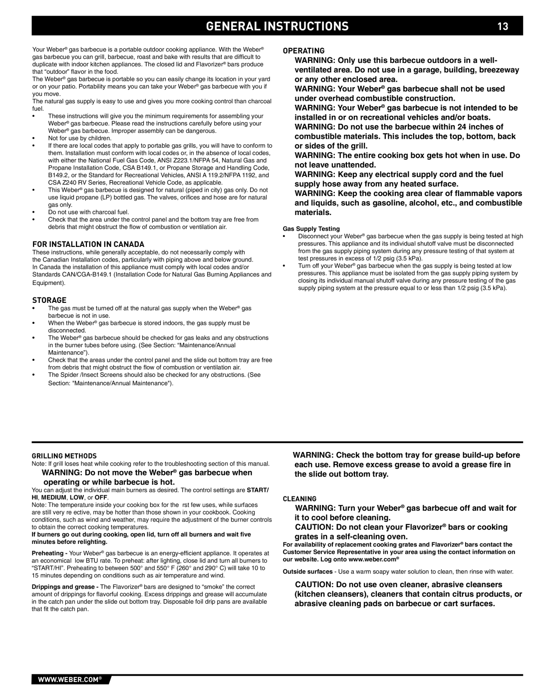 Weber 89561 manual General Instructions, For Installation in Canada, Operating, Storage 