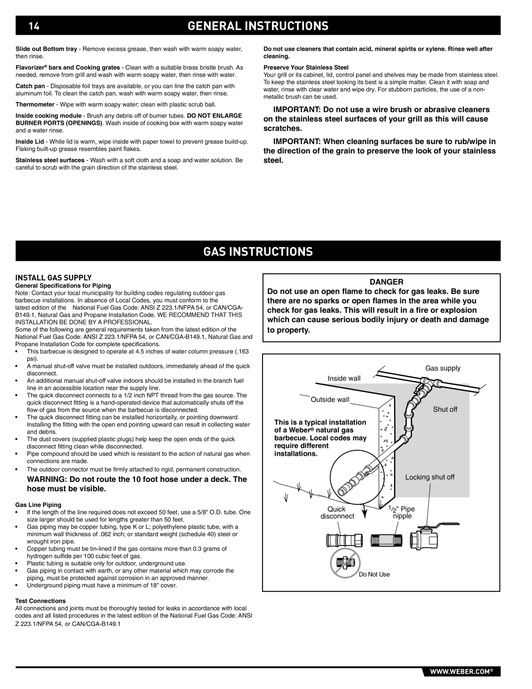 Weber 89561 GAS Instructions, Install GAS Supply, General Speciﬁcations for Piping, Gas Line Piping, Test Connections 