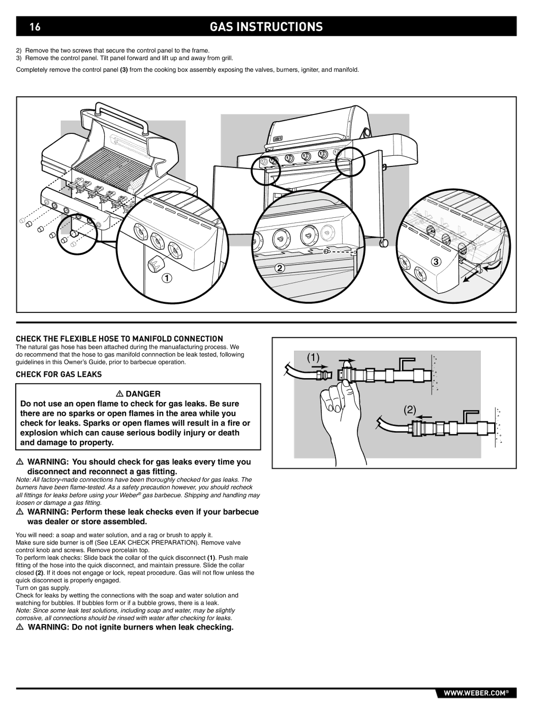 Weber 89561 manual Check the Flexible Hose to Manifold Connection, Check for GAS Leaks 