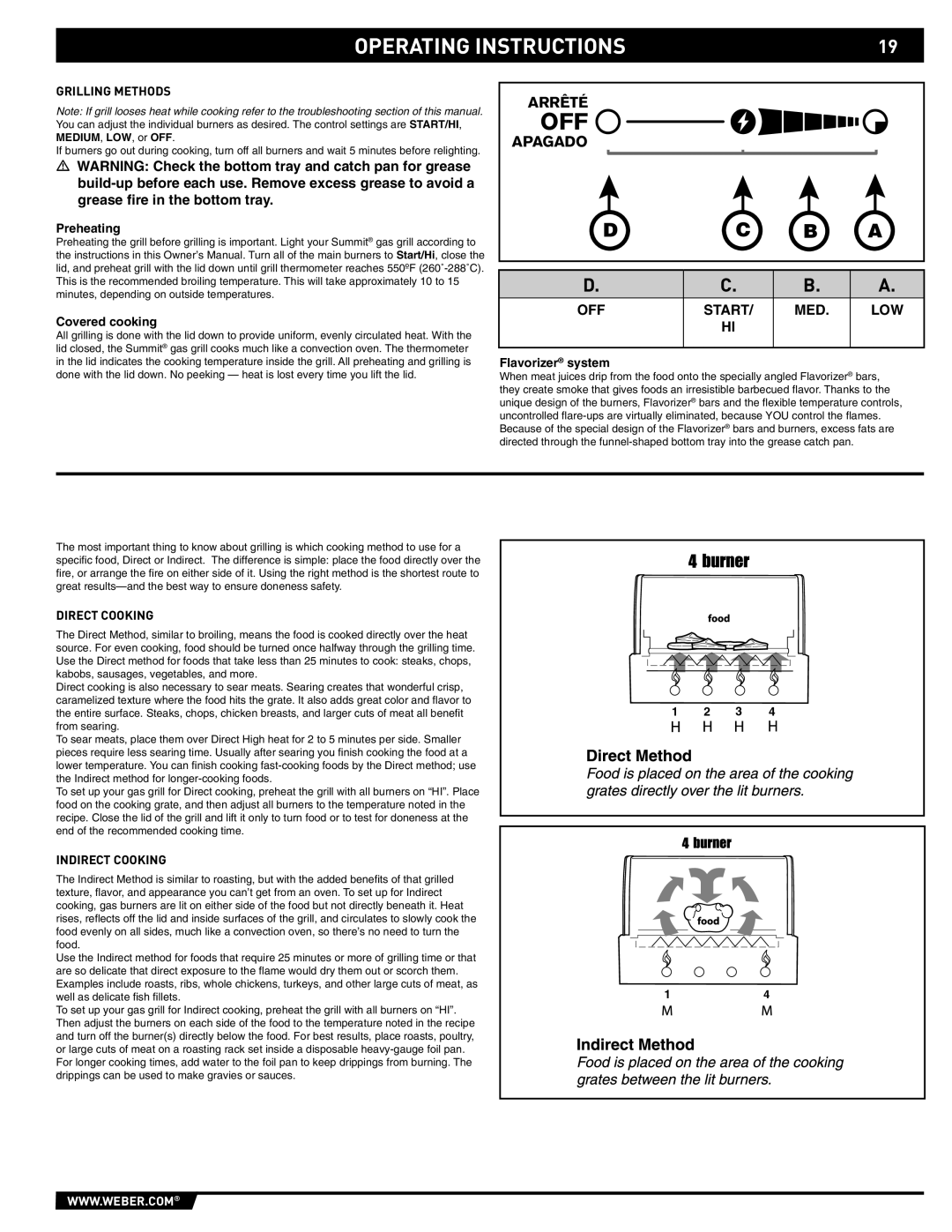 Weber 89561 manual Operating Instructions, Preheating Covered cooking, Flavorizer system, Direct Cooking, Indirect Cooking 