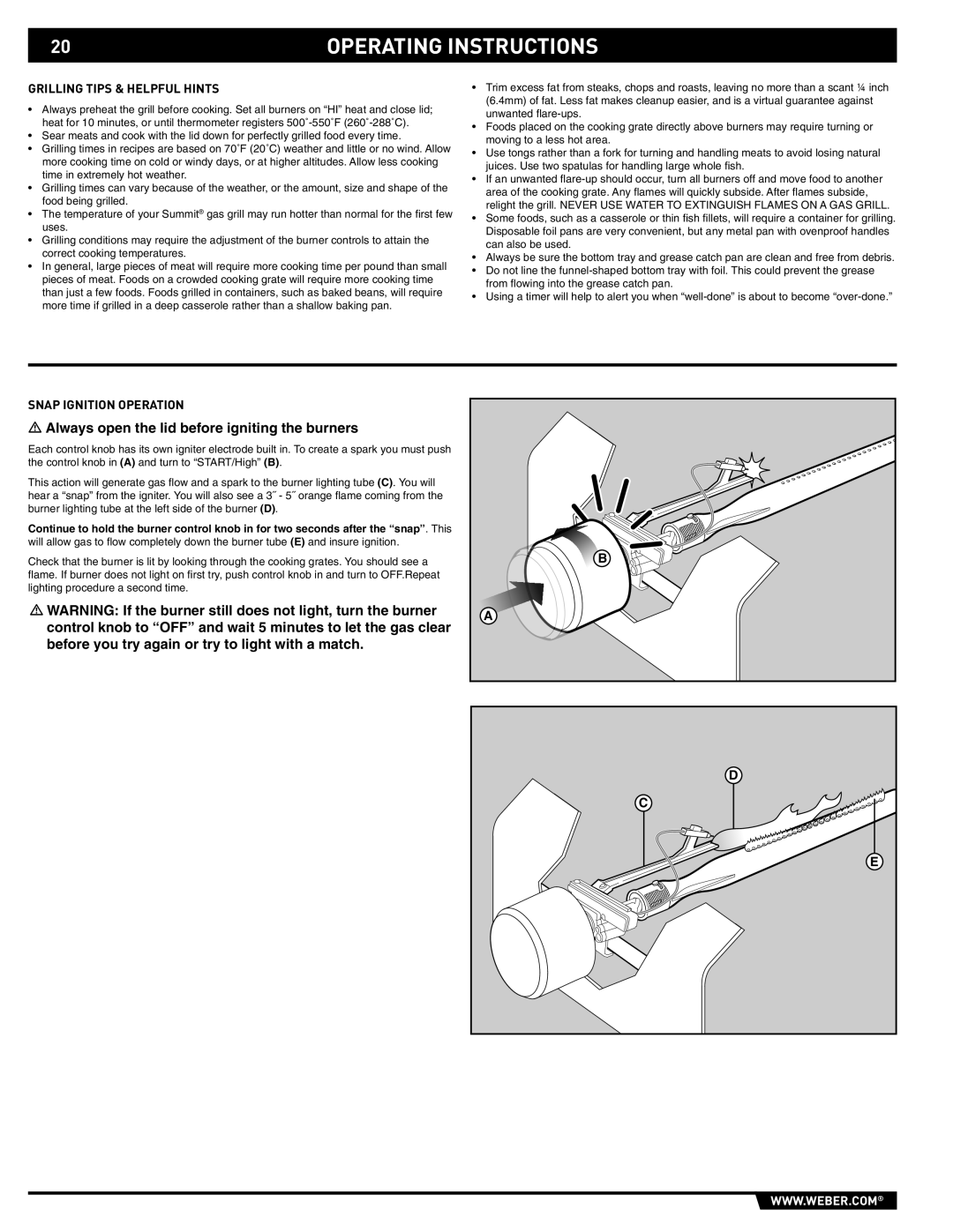 Weber 89561 manual Grilling Tips & Helpful Hints, Snap Ignition Operation 