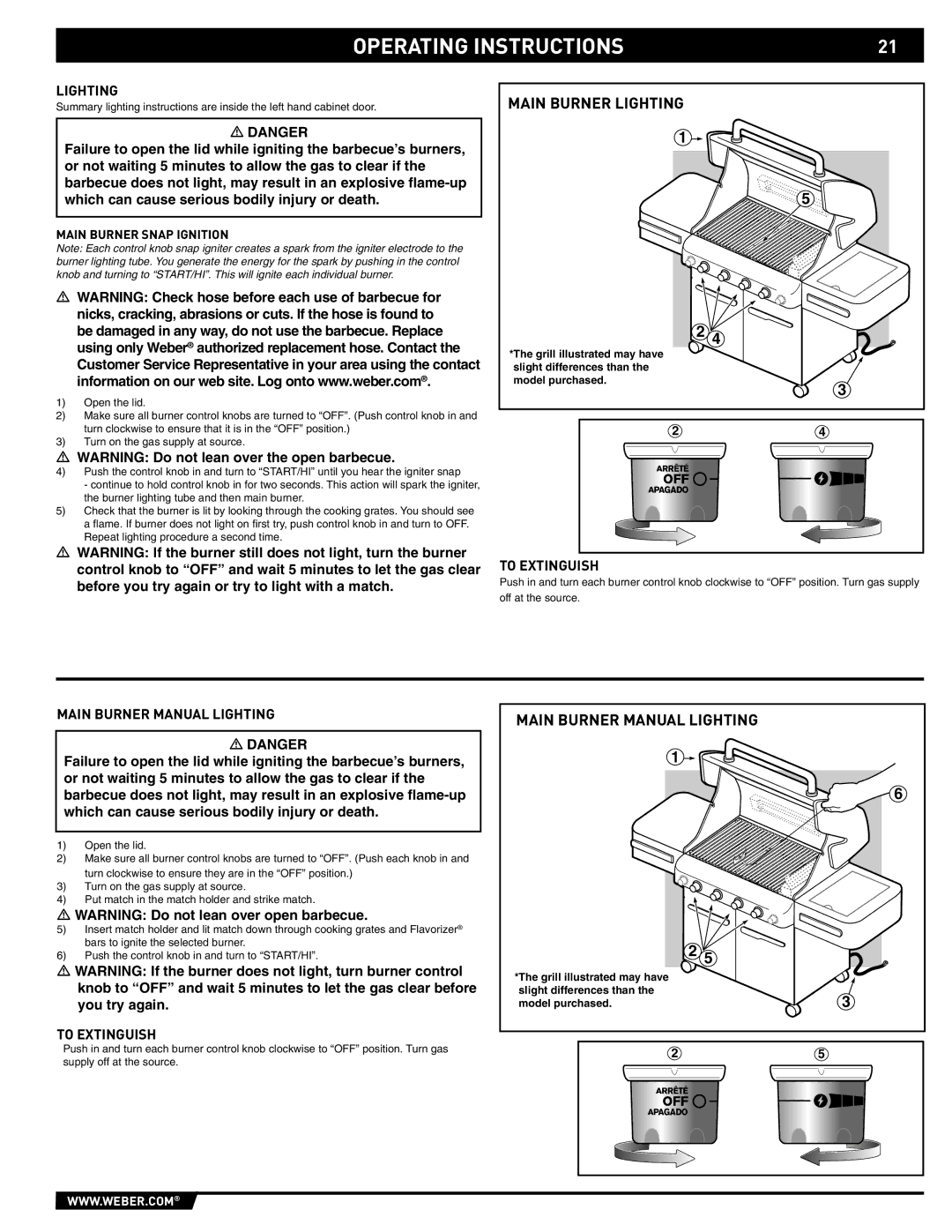 Weber 89561 manual To Extinguish, Main Burner Manual Lighting, Main Burner Snap Ignition 