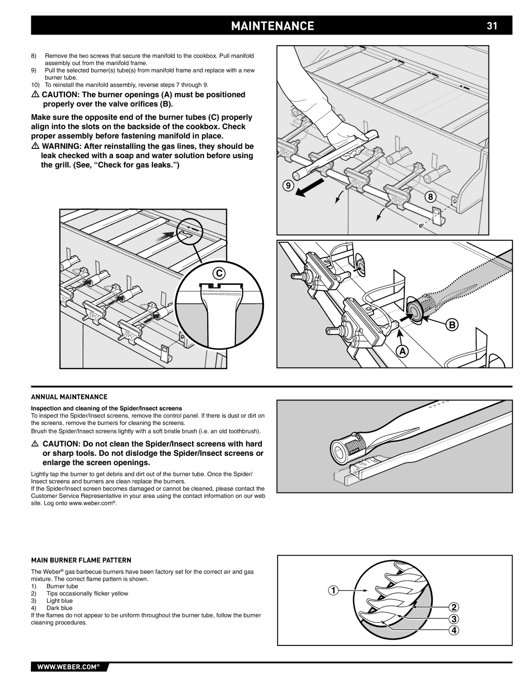 Weber 89561 manual MAINTENANCE31, Main Burner Flame Pattern, Inspection and cleaning of the Spider/Insect screens 